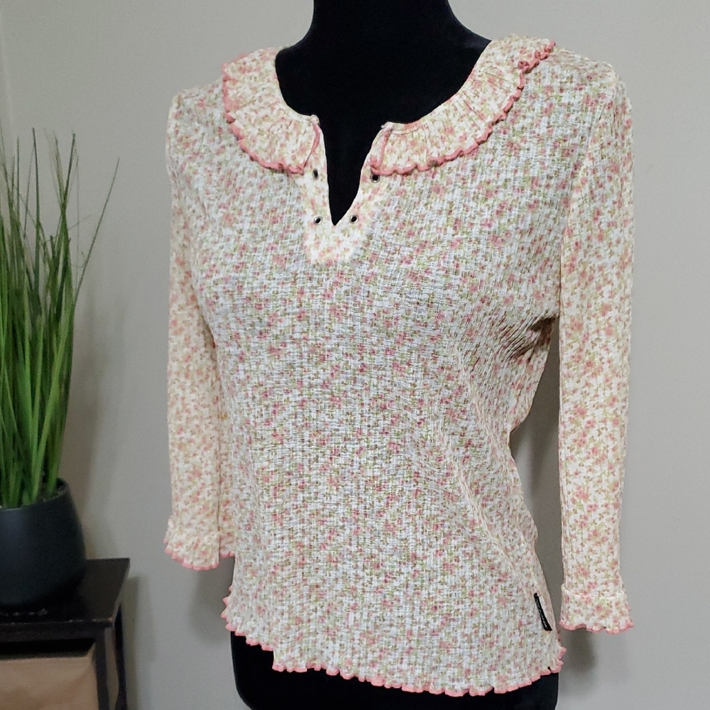 Joe Boxer Floral Knit Blouse with Ruffle Trim